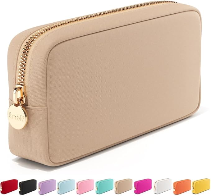 Embla Medium Travel Makeup Bag and Waterproof Nylon Travel Toiletry Bag with Smooth Zipper, Compact Slim Cosmetic Pouch, Beige by Embla