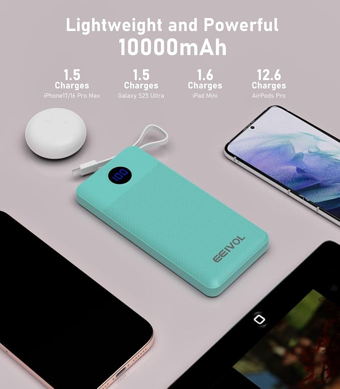 Portable Charger with Built in Cables, 10000mAh Power Bank, Battery Pack | 1 Pack, Slim, Travel Essentials, 4 Output 2 Input, for iPhone 17/16/15/14/13,Samsung, Android, etc-Green - Image 8
