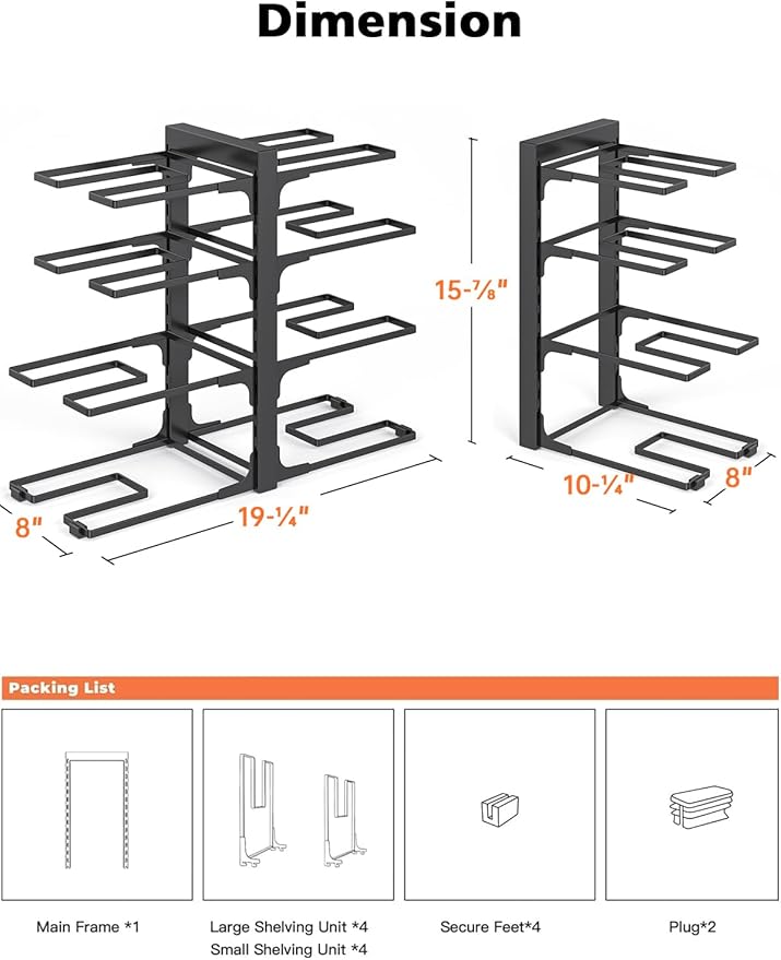 MUDEELA 8-Tier Heavy Duty Pots and Pans Organizer under Cabinet, Black | Adjustable 15.83" H pot rack, pan organizer Holds big stockpots, Cast Iron Skillet and cookware for use inside cabinets - Image 3