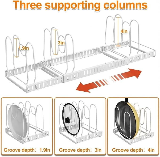 Pot and Pan Organizer Rack for Cabinet, 3 Expandable Pot Lid Organizer Holder with 12 Adjustable Compartment for Kitchen Cutting Board, Pan Lid, Bakeware, White - Image 5