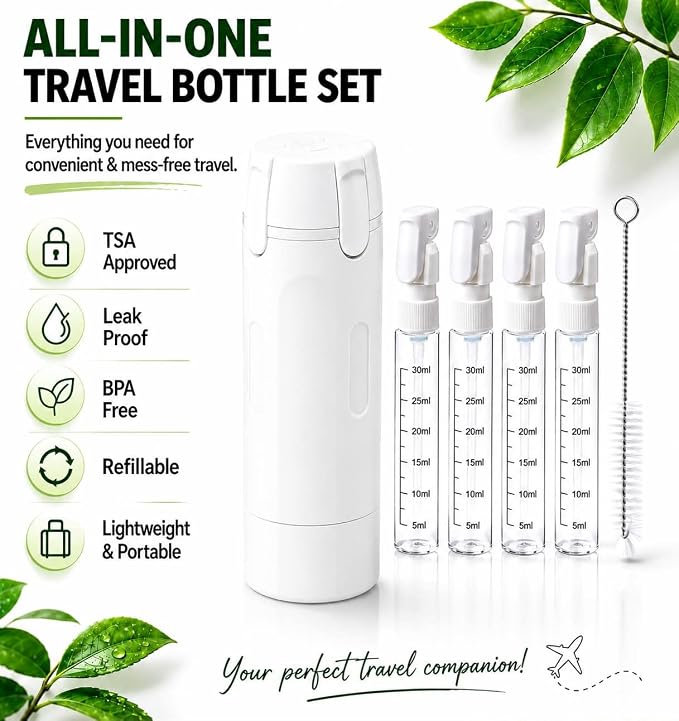White 4 in 1 Travel Dispenser for Toiletries, TSA Approved Leak Proof Refillable Travel Bottles for Shampoo, Conditioner, Lotion & Soap, Portable Travel-Size Container Accessories for Women & Men - Image 7