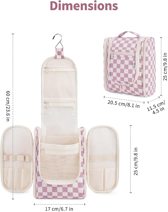 Narwey Small Checkered Hanging Travel Toiletry Bag for Women, Travel Bag for Toiletries, Makeup Bag Organizer Cosmetic Bags Make Up Bags for Women (Dusty Rose Checkerboard) - Image 5