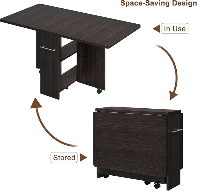 IDEALHOUSE FoldingTable, Drop Leaf Dining Table with 6 Wheels and 2-Layer Storage Shelf, Space Saving Table for Small Spaces (Dark Walnut, 47.2" D x 23.6" W x 29.5" H) - Image 8