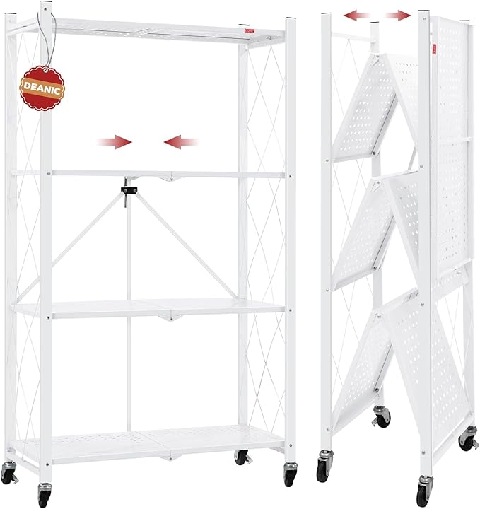 DEANIC 4 Tier Foldable Storage Shelves with Wheels, Large Capacity Shelving Unit, Freestanding Metal Wire Shelf Rack, No Assembly Organizer Rack for Garage Kitchen, Basement, Pantry(White) by ShowNow
