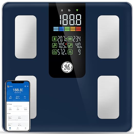 GE Smart Scale for Body Composition, Weight, BMI, 500lb, Large 11.8-Inch | Body Fat Scale with Muscle Mass, Digital Bathroom Weighing Health Monitor, FSA Eligible HSA, Bluetooth App Sync, Dark Blue by Unknown