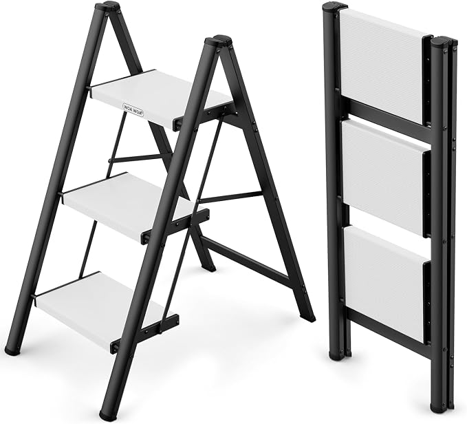 3 Step Ladder, Foldable Step Stool, 300lbs Load, Black & White | Folded 35''H x 3''T; Net 9.9 lbs; Rigid Aluminum Steps; No Assembly; For Home, Kitchen, Office, Pantry, Closets, Cabinets by WOAWOAHOME