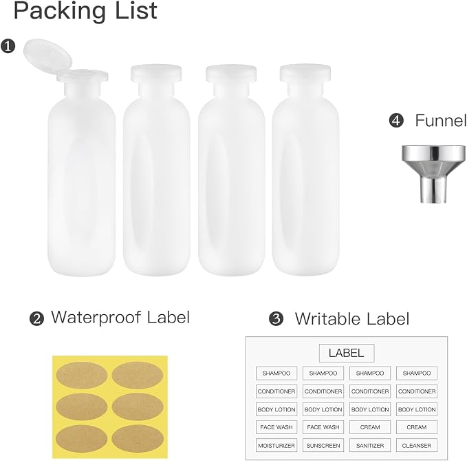 Empty Shampoo Bottles 6.7oz, Clear Flip Cap Refillable Plastic, 4 Pack Set | Toiletry containers for conditioner, big large size squeeze bottles, body wash lotion dispenser, toiletries leakproof liquid - Image 5