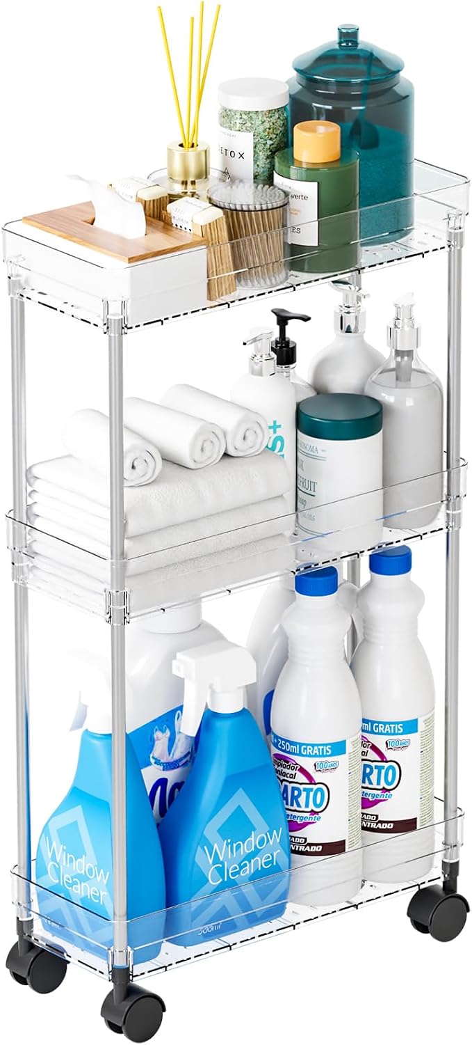 Clear 3 Tier Slim Rolling Storage Cart with Wheels,6.3″W Thin Shelf,Bathroom Storage Cabinet,Skinny Laundry Cart,Narrow Laundry Room Cart Between Washer and Dryer,Skinny Shelves for Small Space - Image 9