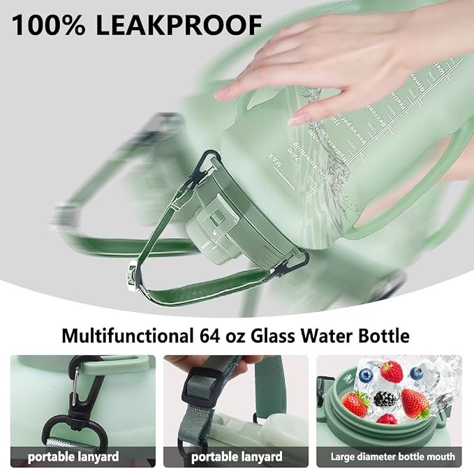 64oz Collapsible Silicone Water Bottle with Straw & Grip(Green) | Save Space,BPA-Free,Large Capacity,Time Marker, Foldable Sport Bottle,Portable for Gym, Hiking, Camping, Outdoor Activities - Image 6