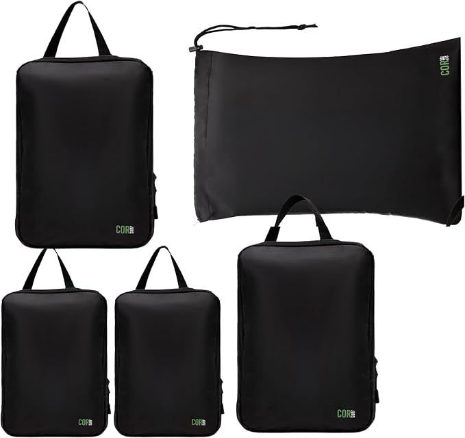 COR Surf Compression Packing Cubes, Laundry & Shoe Bag, 5 Piece Black | 2 Large & 2 Small Cubes, 2-Zipper Compression + Laundry Bag, Tear & Water-Resistant Ripstop, Reinforced Zippers - Image 6