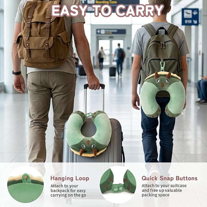 Memory Foam Travel Neck Pillow for Teens and Adults, Dinosaur Design | Removable cover, machine washable, 360-degree head & chin support, 17 in neck size for teens and adults, car & airplane use - Image 5