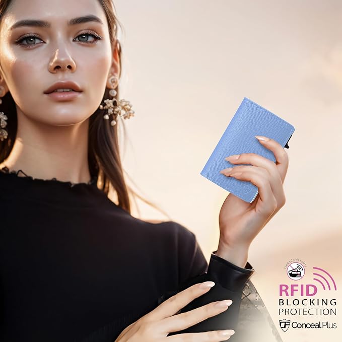 Pop Up Wallet for Women | RFID Blocking Slim Card Holder for Small Purse & Crossbody Bag | Compact Aluminum Wallet | Holds 4–6 Cards | Saffiano Sky Blue - Image 8