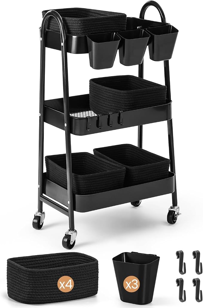 3-Tier Rolling Utility Cart with 4 Woven Baskets, Diaper Book Snack Cart, Storage Organizer for Nursery, Kitchen, Craft Room, Home SPA, Living Room, Metal Frame Trolley on Lockable Wheels, Black by AOZITA