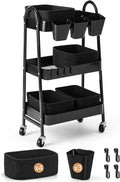 3-Tier Rolling Utility Cart with 4 Woven Baskets, Diaper Book Snack Cart, Storage Organizer for Nursery, Kitchen, Craft Room, Home SPA, Living Room, Metal Frame Trolley on Lockable Wheels, Black by AOZITA