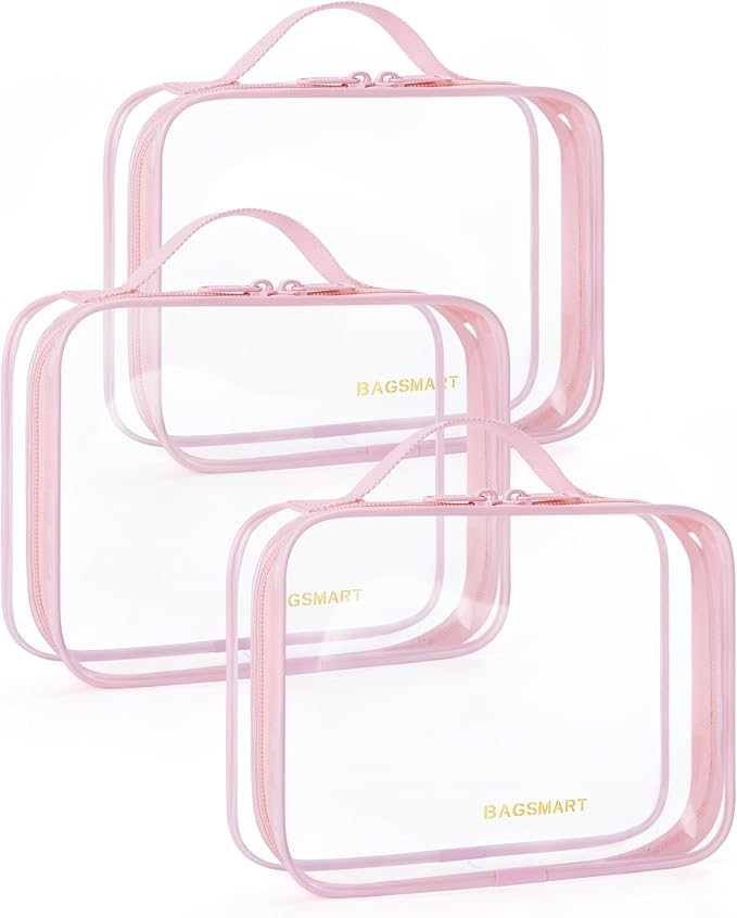 BAGSMART Clear Toiletry Bag with Handle 3-Pack TSA Approved, Pink | Water-resistant Travel Toiletry Bag, Carry On Travel Accessories Bag, Airport Airline Quart Size Bags Women Men, Makeup Bag by BAGSMART