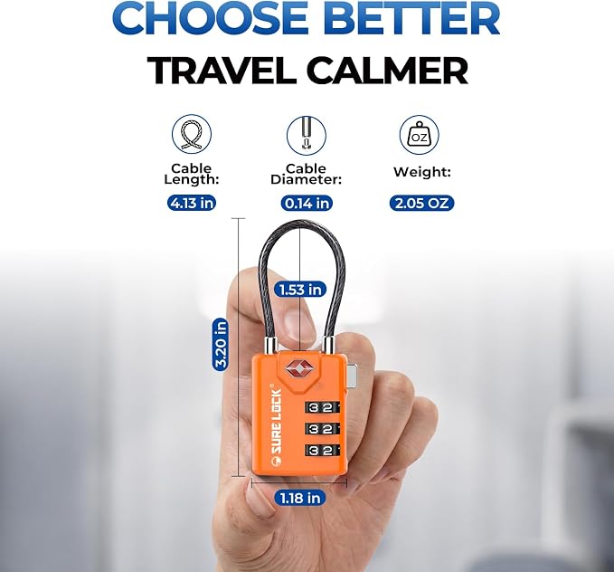 SURE LOCK TSA Approved Combination Luggage Locks with Open Alert Indicator – Durable Zinc Alloy Cable Travel Locks with Large Easy-Read Dials for Suitcases, Backpacks & Gym Bags Orange 4 Pack - Image 5