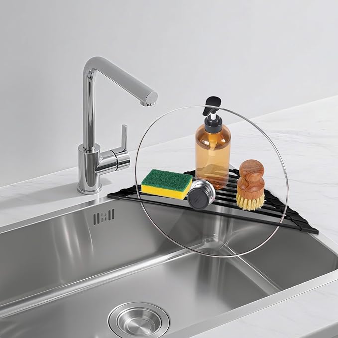 HANZENMA Triangular Sink Rack, Multi-Functional Rack Above the countertop, Foldable Sink Drying mat, Heat-Resistant, Non-Slip, and Rust-Proof Dish Rack (Black) - Image 7