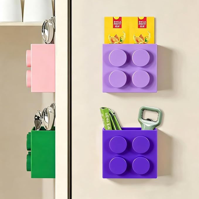Magnetic Basket Organizer for Fridge - Lego-Style ABS Plastic Storage Box,No Drill Design for Kitchen Counter, Microwave & Whiteboard, Holds Up to 3.5 lbs (deep purple) - Image 8