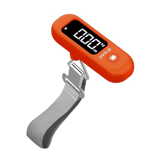 pack all Digital Luggage Scale for Travel, 110Lbs Capacity, 0.1Lb Precision | Handheld, Backlit LCD Display, Lb/Kg/Oz Conversion, Tare Function, Battery Included, Orange by packall