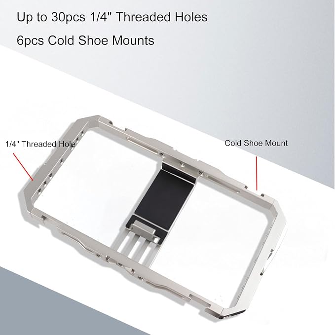 Universal Phone Cage, Aluminum Alloy Smartphone Video Rig with 30 1/4 Screw Holes and 6 Cold Shoe Mounts, for Action Cameras and Mirrorless Setups - Image 3