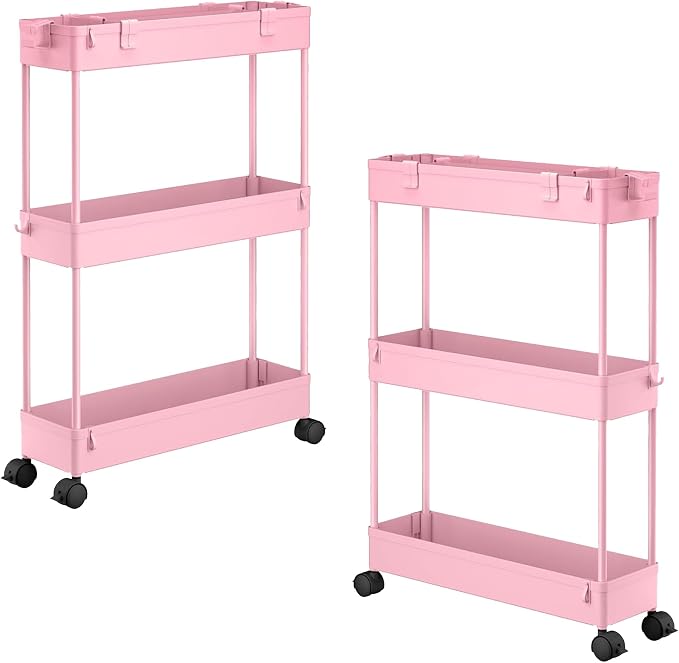 2-piece Set Slim Storage Cart 3 Tier,Bathroom Organizer Rolling Utility,Mobile Shelving Unit Slide Out for Office, Kitchen, Laundry Room & Narrow Places by Home