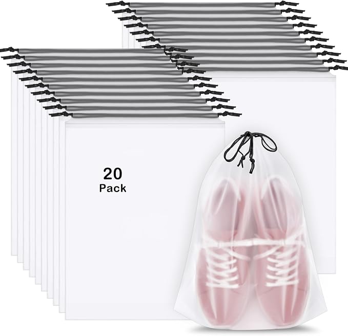 20 Pack Shoe Bags for Travel, Clear Travel Shoe Bags for Packing Waterproof | 15.7" x 11.8" Large Portable Drawstring Travel Shoe Storage Bag Travel Essentials Women for and Men by COIDEA