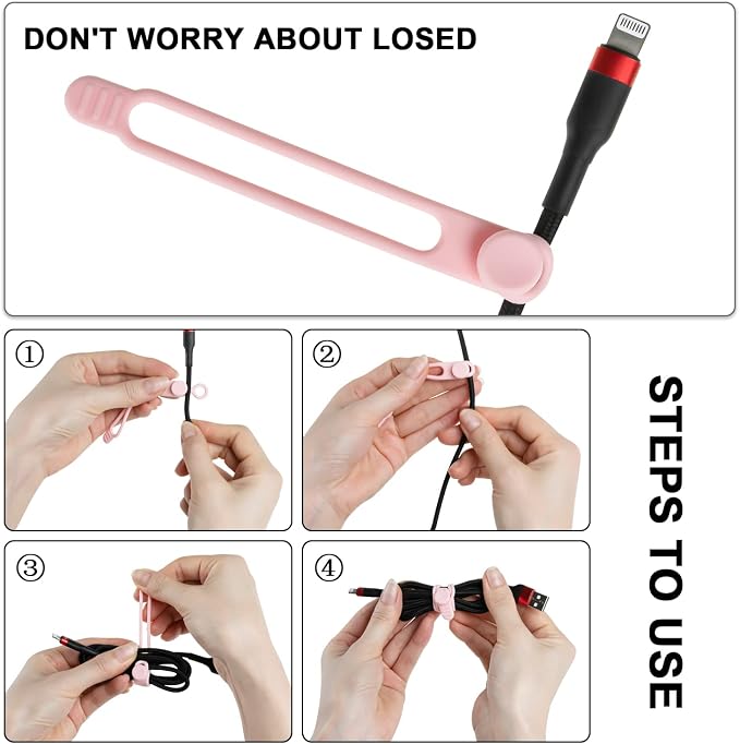 Silicone Cable Ties, Cord Organizer Cable Management(16Pcs-Pink) | Reusable Cord Ties for Electronics, Office Desk Accessories, Home Travel Essentials, Easy to Use, 4.2 Inch - Image 3