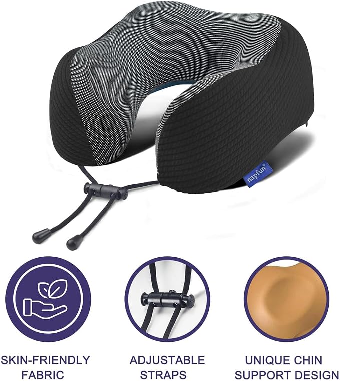 napfun Neck Pillow for Travel with Travel Pouch, Sleep Mask & Earplugs, Memory Foam Airplane Pillow for Headrest Sleep with Eyeshades, Plane Essentials with Eye Blindfold, Black Striped Kit - Image 3