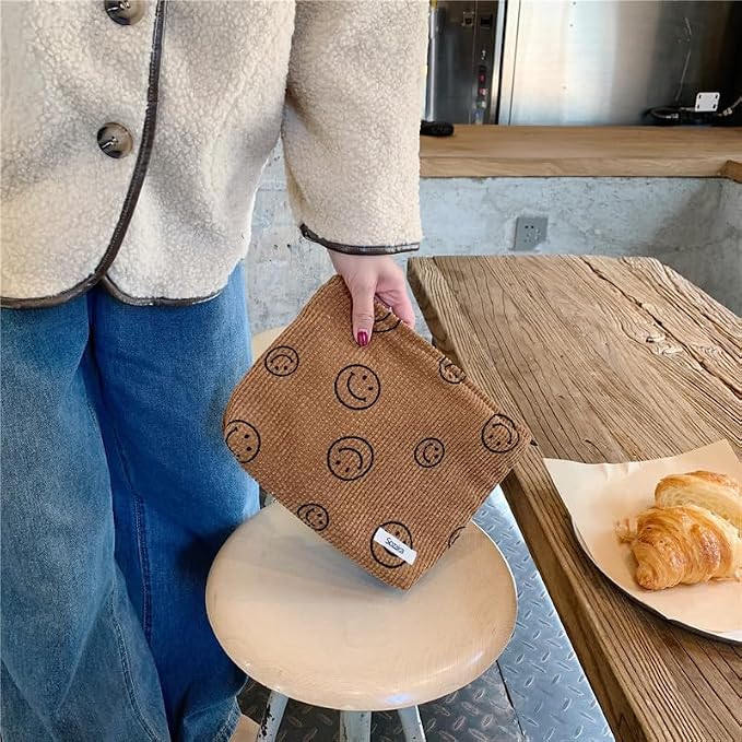 Cosmetic Bags for Women - Corduroy Cosmetic Bag Aesthetic Women Handbags Purses Smile Dots Makeup Organizer Storage Makeup Bag Girls Case Bags (A-Brown) - Image 6