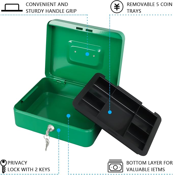 KYODOLED Large Lock Box with Money Tray,Storage Cash Box with Lock,Safe Metal Box for Money,9.84"x 7.87"x 3.54" Green Large - Image 3