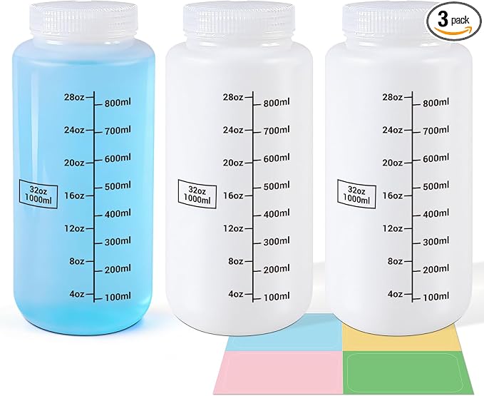 34oz/1000ml Wide Mouth Plastic Bottles with Airtight Lids, Graduated Food Grade Leak Proof PP Containers Jars for Water Sample Lab Reagent Liquid Medicine Storage (Translucent, 3 Pcs) by UMETASS