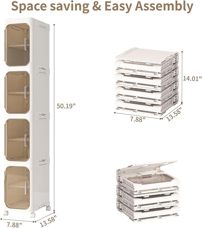 4 Tier Slim Bathroom Storage Cabinet, Foldable and Movable, Beige | Tools Free, ABS and PET, Magnetic Clear Door, Adjustable Shelves, Lockable Wheels, Water Resistant, For Narrow Space - Image 2