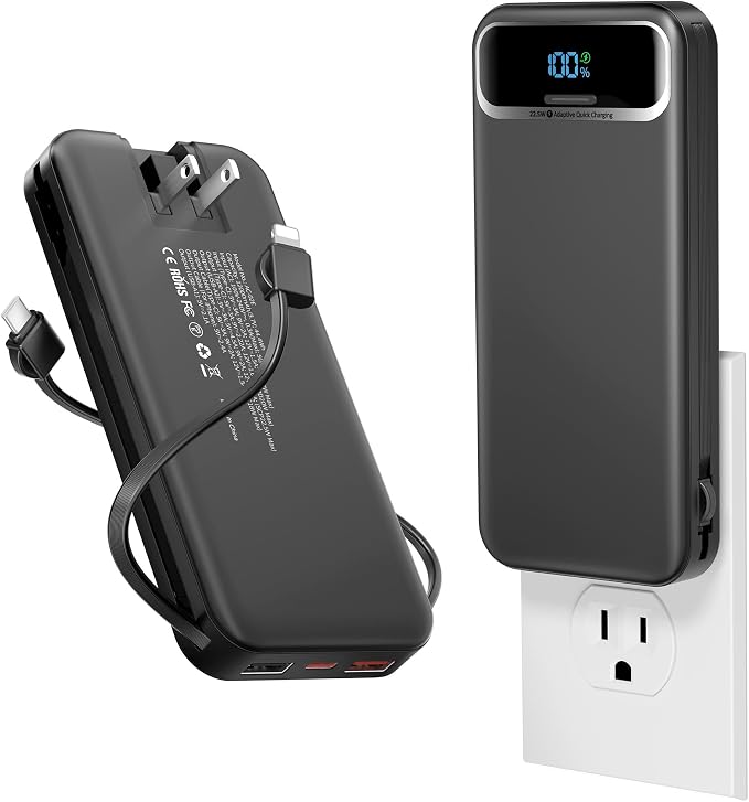 aonidi Portable Charger 12000mAh with Built-in Cables&AC Wall Plug, Black | PD20W USB C Fast Charging,LED Display External Travel Power Bank,TSA approved Battery Pack for All iPhone,Samsung,Android by AONIDI