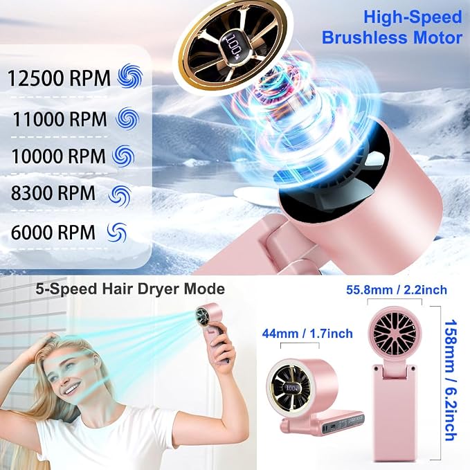 CAZOKASI Rechargeable Strong Wind Handheld Fan With Ambient Lighting 4 IN1 5000mAh Upto 22H For Desktop Waist Clip Neck (StrongWind/Pink) - Image 4