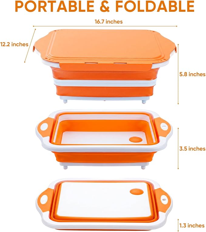 Collapsible BBQ Prep Tub with Lid, Foldable Camping Sink with Colander, Cutting Board, Dish Basin for Kitchen, Bowl, Vegetable and Fruit, Storage Basket for Picnic-Orange - Image 4