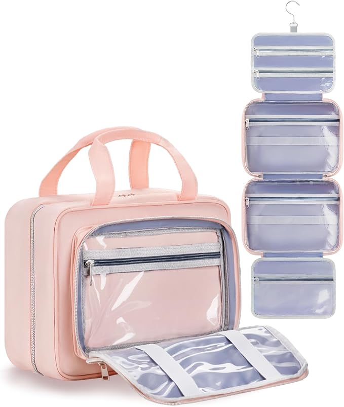 Travel Hanging Toiletry Bag for Women - Waterproof Cosmetic Organizer with Clear Window, Lightweight Bathroom Bags for Essentials, Makeup, Shampoo, Toiletries Pink,Large by Chakipee