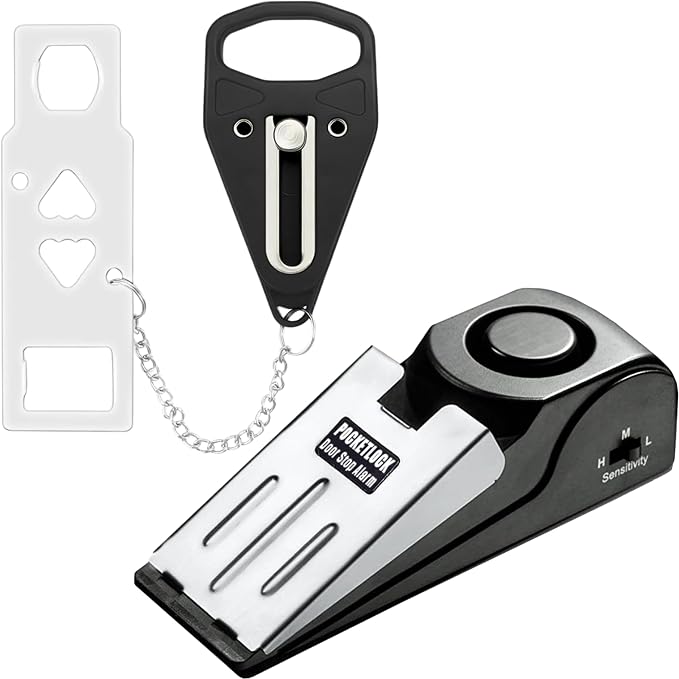 Portable Door Lock + Door Stop Alarm Set – Travel Safety Kit for Hotel Rooms, Home, Dorms & Apartments – (Black, Lock + Alarm) by PocketLock