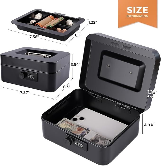 Cash Box with Money Tray and Combination Lock Metal Money Box for Cash Lock Box for Money 7.87" x 6.3" x 3.54" Black - Image 3