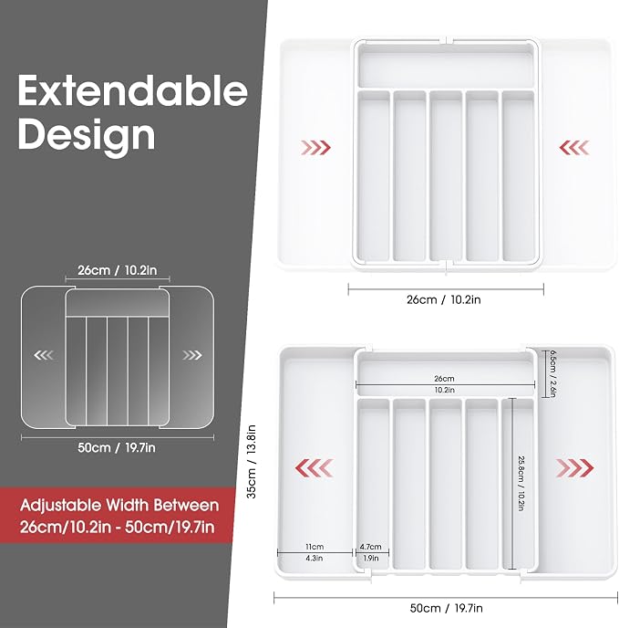 Aujen Silverware Drawer Organizer, Adjustable Utensil Cutlery Tray | Expandable Kitchen Organizer for Forks Knives, Multipurpose Kitchen Storage, Apartment Essentials, White, Large - Image 6