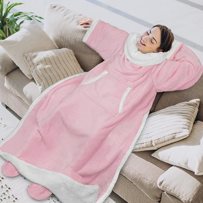 PAVILIA Sherpa Blanket with Sleeves, Foot Pocket for Women Men Adults, Thick Wearable Blanket Throw Wrap, Fleece Warm Snuggle Blanket Robe, Cozy Gift Ideas Wife Mom, Pink - Image 3