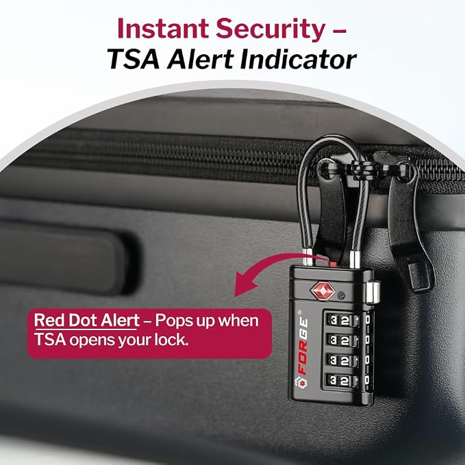 Forge TSA Approved Luggage Locks 4 Digit Combination TSA Travel Locks with TSA008, Open Alert Indicator, Zinc Alloy Body for Luggage, Suitcase, Backpack, and More. 2 Black Locks and 2 TSID. - Image 3