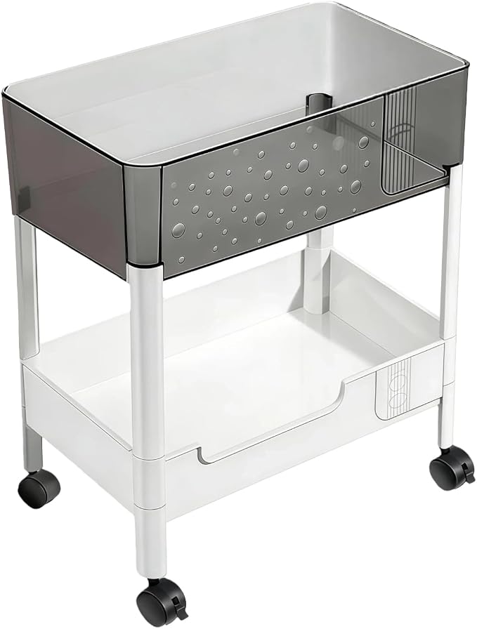 2 Tier Rolling Cart with Wheels for Under Desk Storage, Heavy Duty Plastic Short Small Utility Cart for Small Space Bathroom Vanity Makeup Organizer Pantry, 4.7'' Deep Baskets for Tall Bottles by LIWNYRK