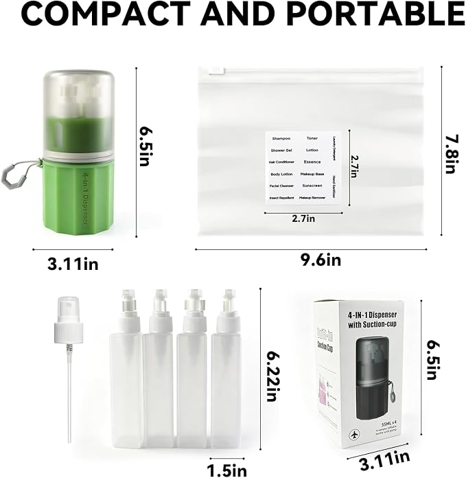 4 in 1 Travel Dispenser，Unbreakable Silicone Travel Dispenser Bottle, Vacuum Suction Wall Mounted Refillable Containers,Leakproof Toiletry Containers for Shampoo, Lotion, Baby Care-Green. - Image 2