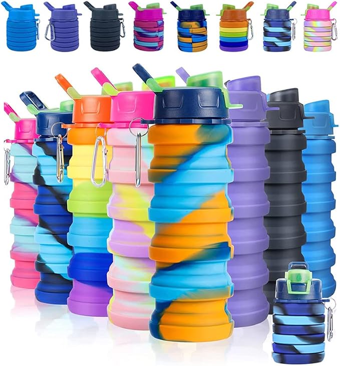 Collapsible Water Bottles 2 Pack 500ml (Yellow Camo+Rose Red) | Portable Expandable Sport Bottle with Carabiner for Travel & Camping - Image 3