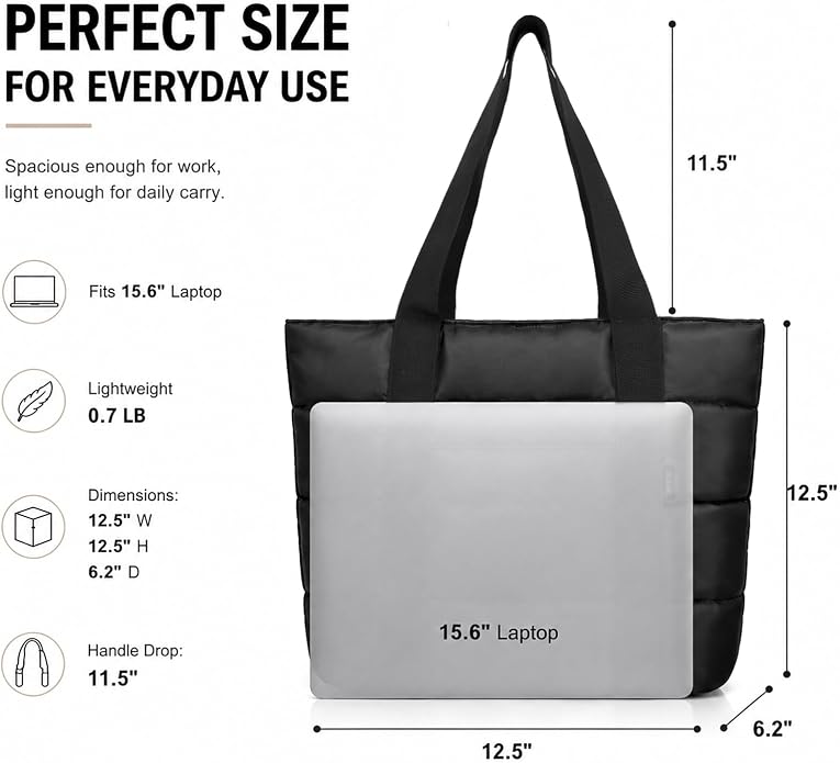 Tote Bag for Women, Lightweight Puffy Tote Bag with Compartments Handbag Fits 15.6'' Laptop for Work, Gym, Shopping - Image 2