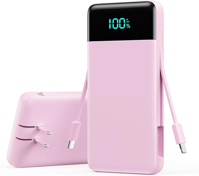Portable Charger with Built-in AC Plug and Cables,13800mAh All in One USB C Fast Charging Power Bank,Travel Essentials Portable Phone Charger Battery Pack for iPhone 17/16/15/14/13,Galaxy,Android-Pink by YHO