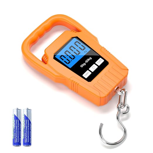 SKEAP Digital Fish Scale Hanging Scale Fishing Scale,110lb/50kg Luggage Scale,Upgrade Large Handle & Backlit LCD Display, Electronic Balance Digital Fishing Postal Scale,Orange,Fishing Gifts for Men by SKEAP