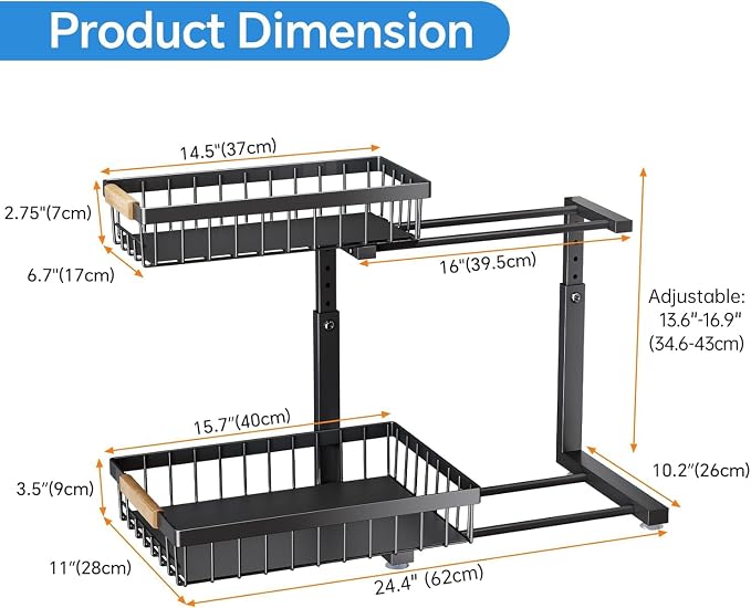 PXRACK Under Sink Organizer, Adjustable Height, 2 Tier Pull Out Under Cabinet Organizer, Slide Out Thickened Metal Under Sink Storage for Kitchen Bathroom Laundry Pantry Cabinet, Black, Large-1-Pack - Image 7