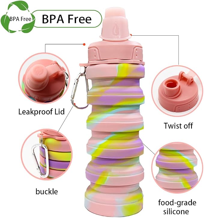 Silicone Collapsible Sports Water Bottles 500ml 16oz,Leak proof Twist Cap BPA Free Retractable for Home Outdoor,Biking,Hiking Portable Water Bottle Cups(1#Pink) - Image 3