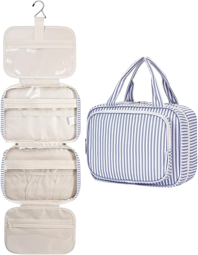 Narwey Striped Hanging Toiletry Bag for Women Travel Makeup Bag Organizer Toiletries Bag for Travel Size Essentials Accessories Cosmetics (Greyish Blue Stripe (Medium)) by Narwey